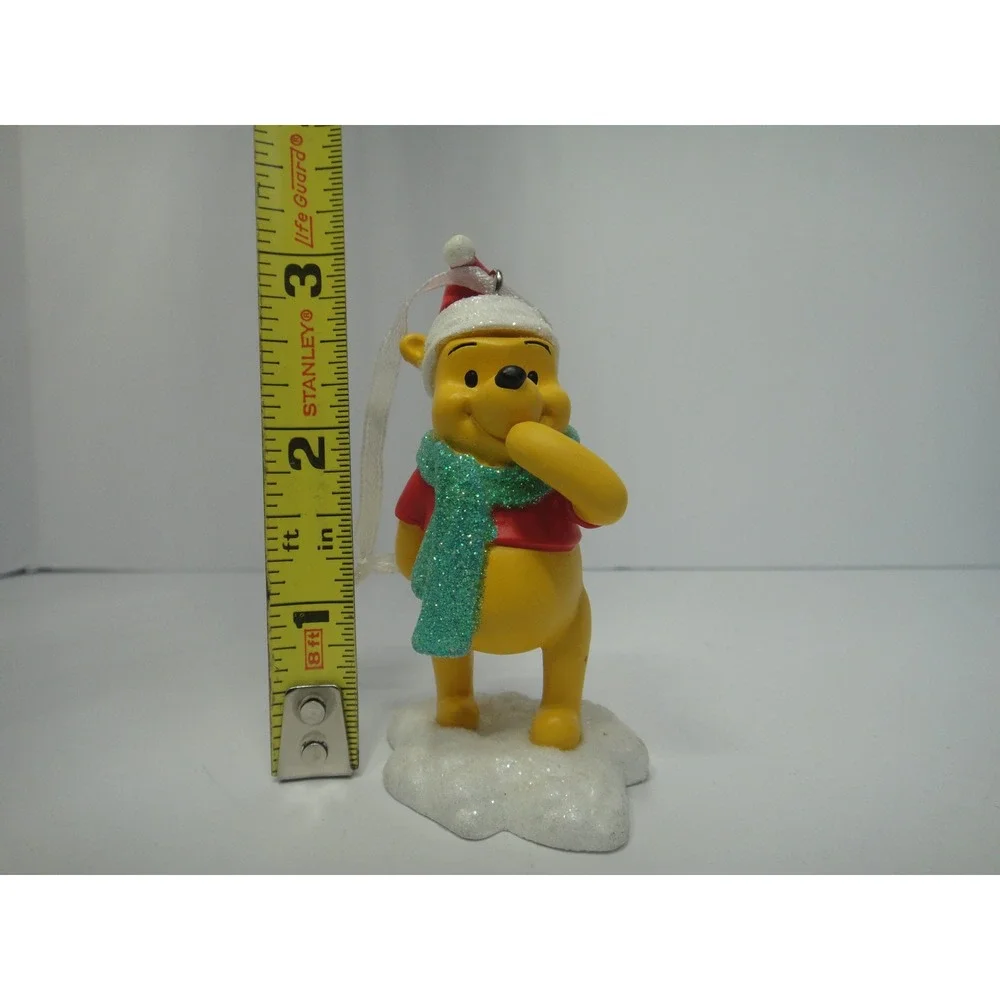 Disney Winnie the Pooh Christmas Ornament Santa Hat Glitter Scarf Snow Base VTG